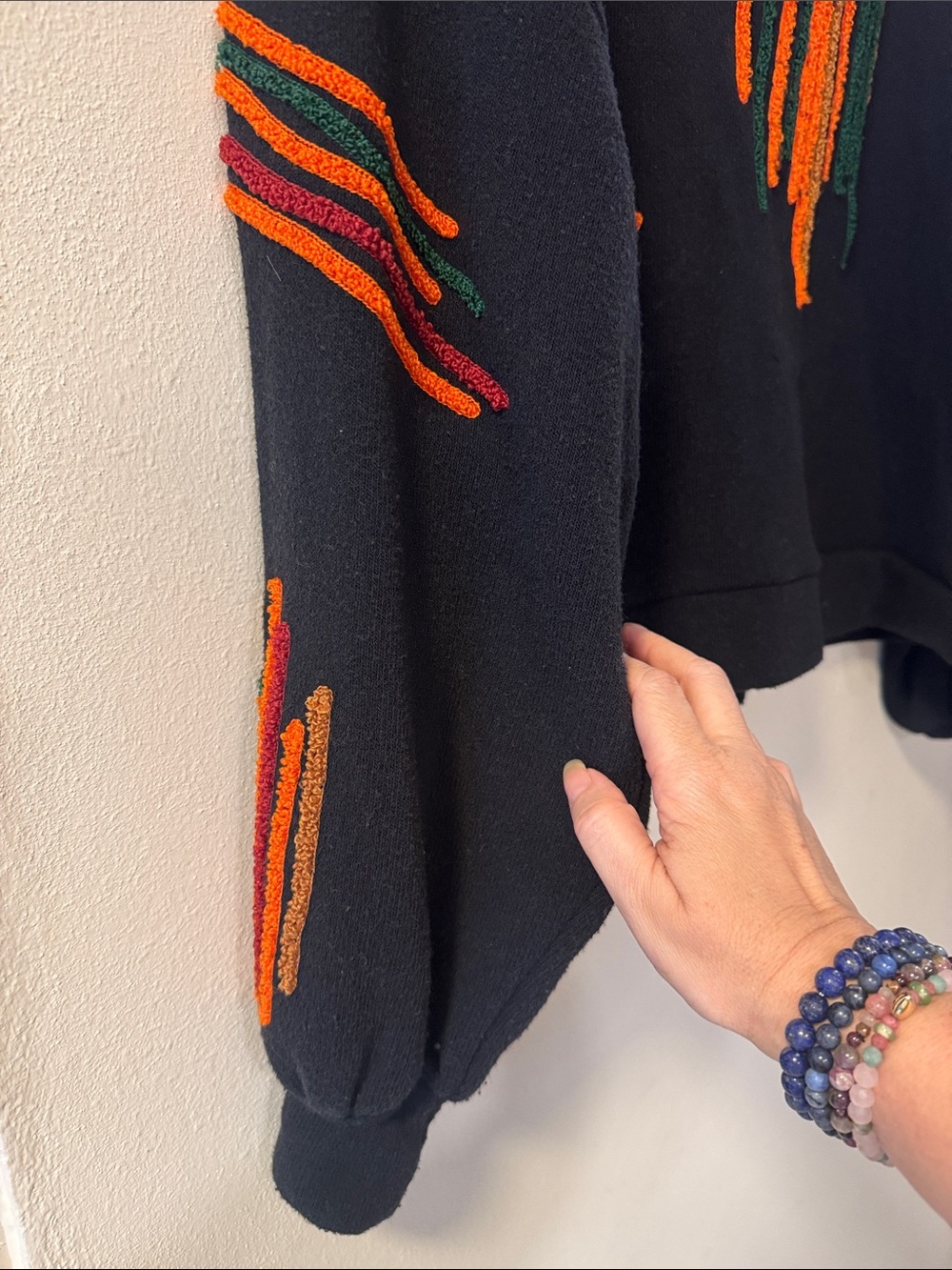 Zara Black Crewneck Sweater with Orange and Green Chenille Accents - Picture 3 of 3